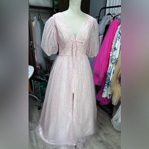 Size 14 Light Pink Prom Dress Formal Dress Starry Tulle Dress with Sleeves